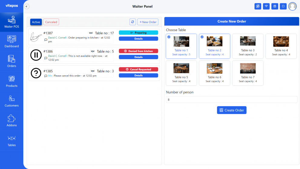 Introducing Vitepos Pro 2.0: The Winning Solution for Grocery, Retail and Restaurant Management - waiter panel
