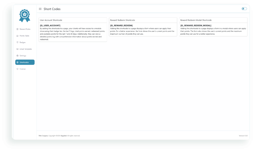 Custom codes that you can insert into pages or products to automatically display dynamic content, like reedem point from.